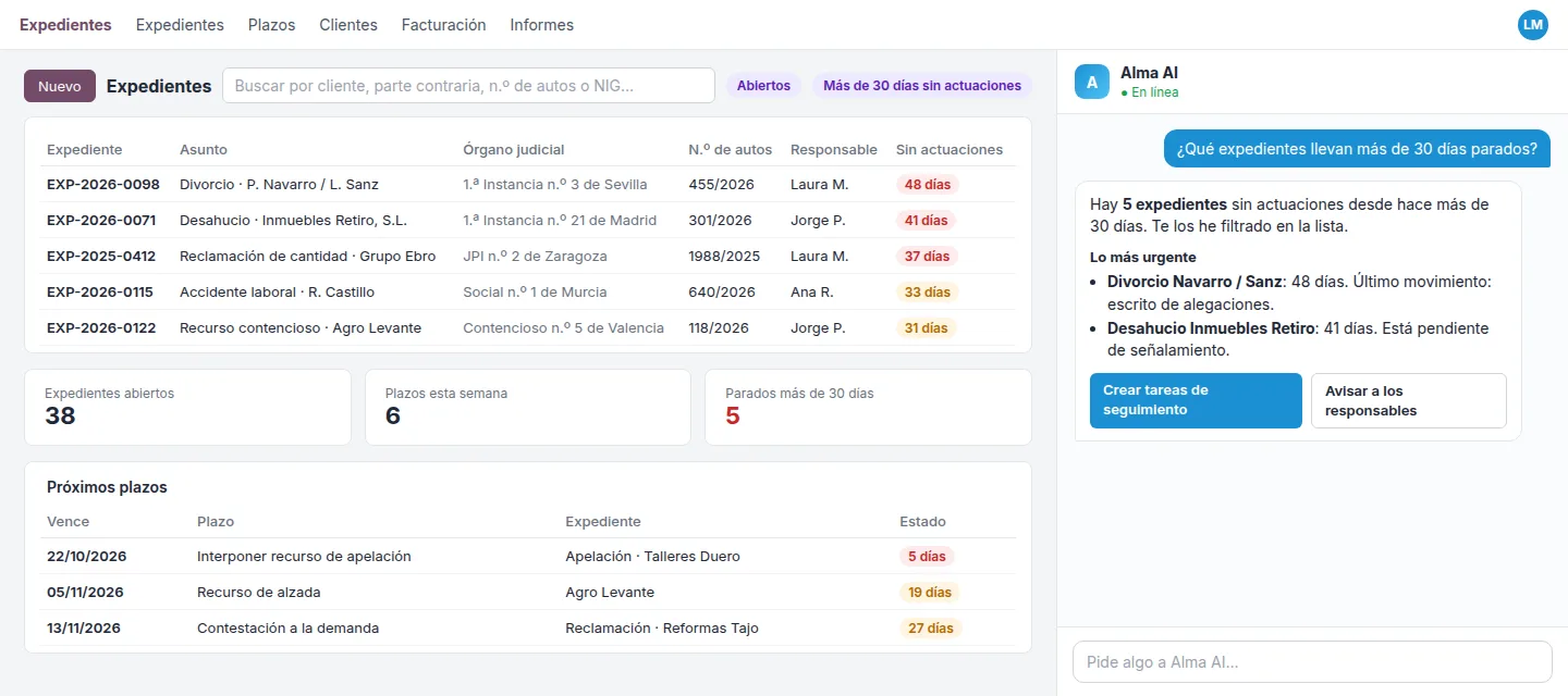 Software de gestión de expedientes judiciales IAOdoo: lista de expedientes con órgano judicial, autos, días sin actuaciones y Alma AI