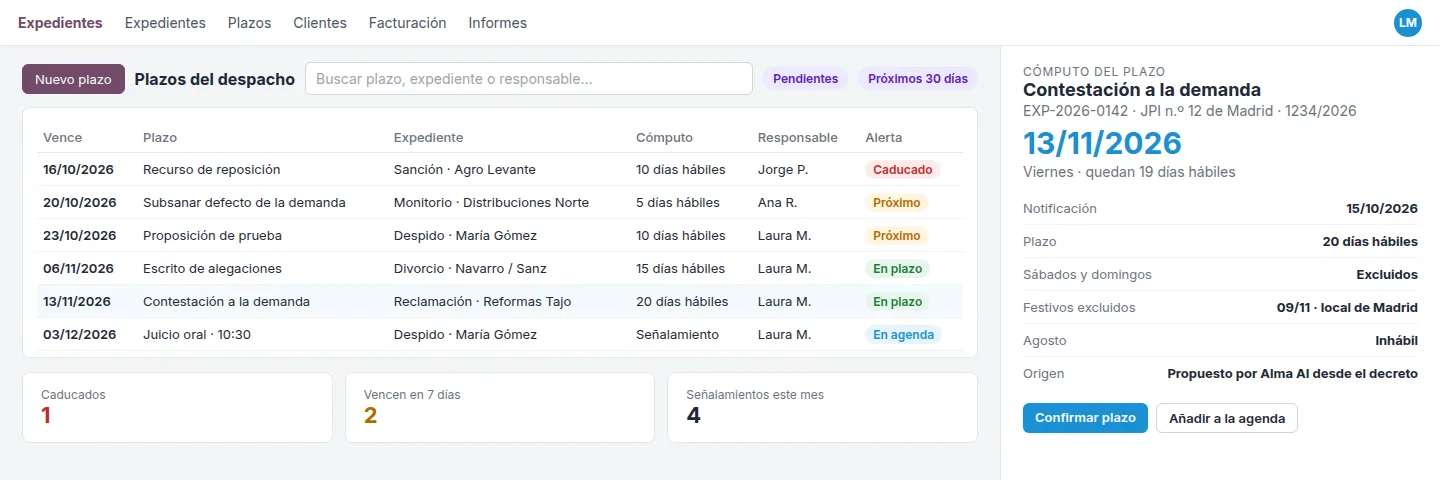 Control de plazos procesales en IAOdoo: cómputo en días hábiles con agosto inhábil y festivos locales, avisos de vencimiento y señalamientos