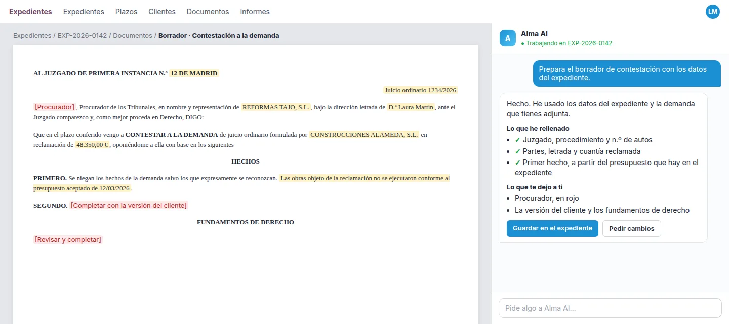 IA para abogados: Alma AI redactando un borrador de contestación a la demanda con los datos del expediente en IAOdoo IA para abogados: Alma AI redactando un borrador de contestación a la demanda con los datos del expediente en IAOdoo