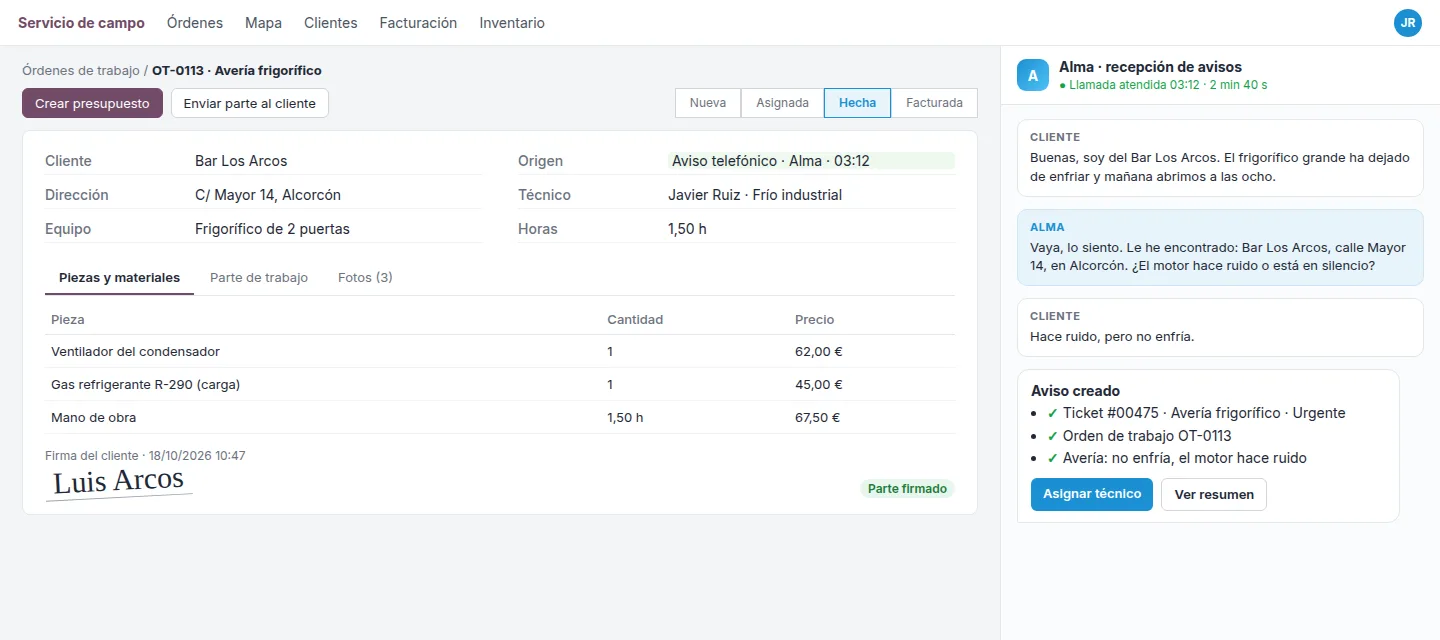 Software para servicio técnico IAOdoo: orden de trabajo con piezas y parte firmado, creada por la IA que atendió la llamada de avería