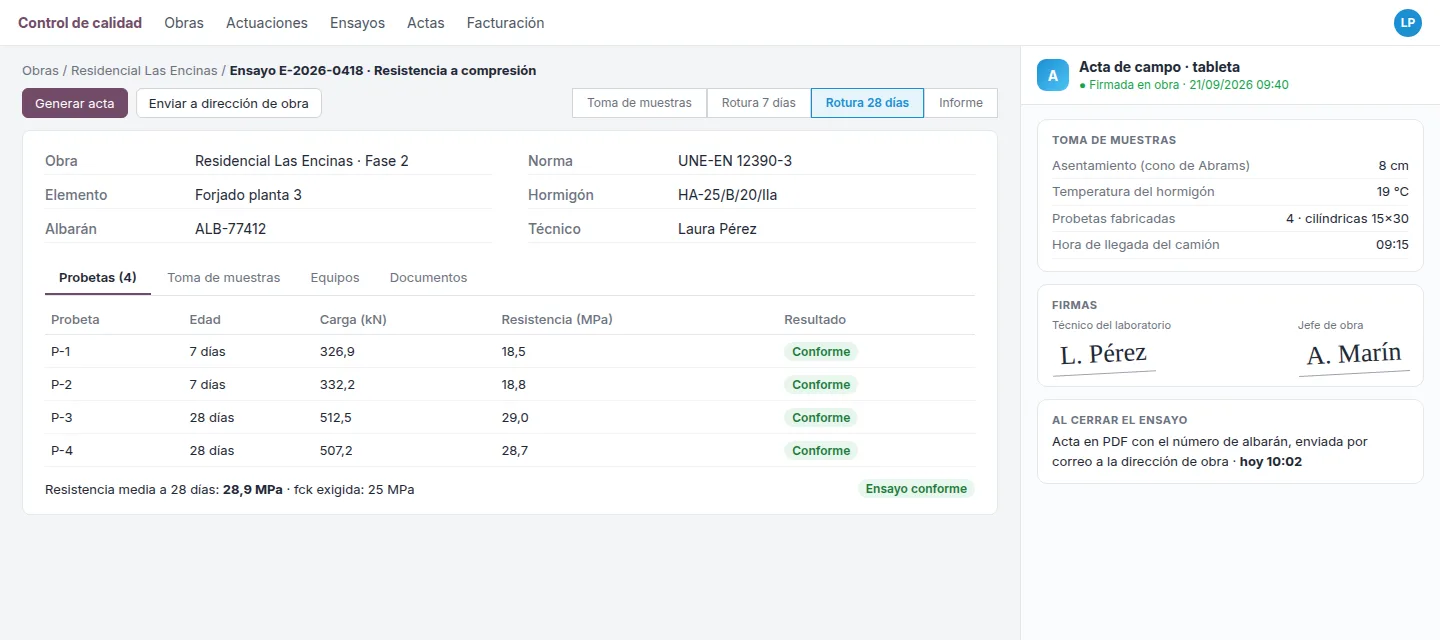 Software para laboratorios de control de calidad IAOdoo: ensayo de resistencia a compresión del hormigón con probetas a 7 y 28 días y acta de campo firmada en tableta