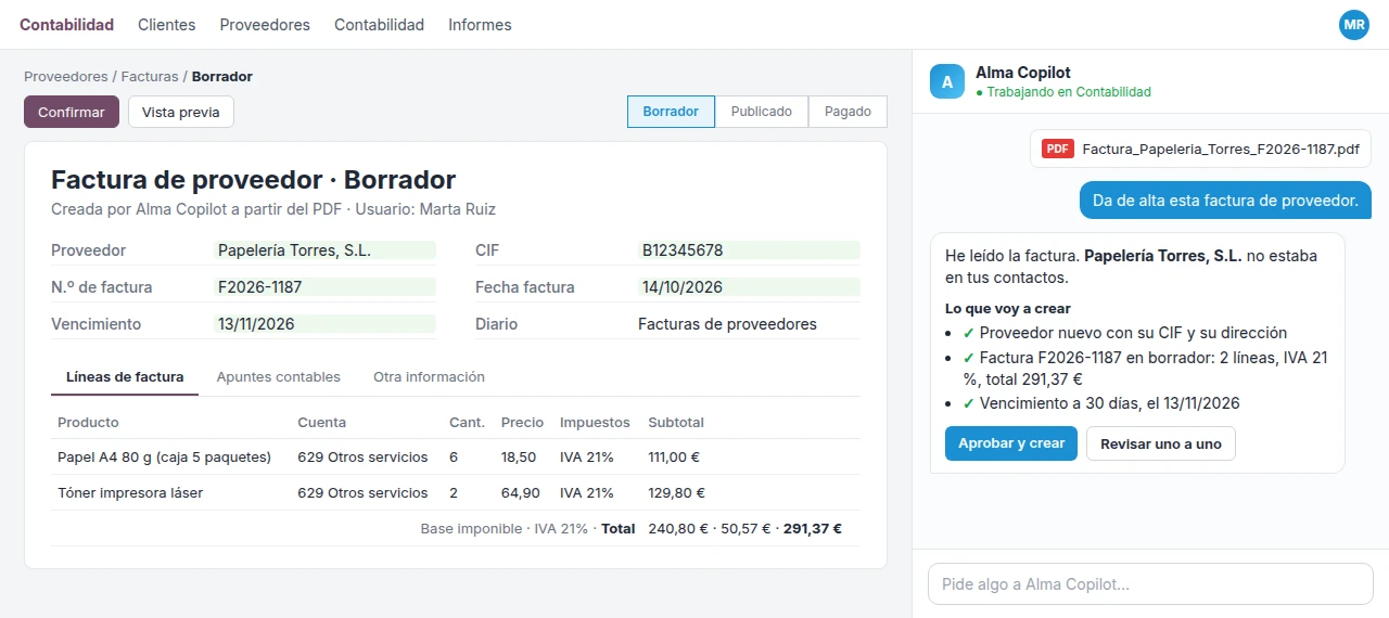 Alma Copilot, agente de IA para Odoo, leyendo una factura de proveedor en PDF y preparando el alta del proveedor y la factura para que el usuario la apruebe