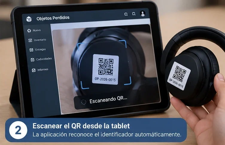 Se escanea el código QR con la tablet para dar de alta el objeto