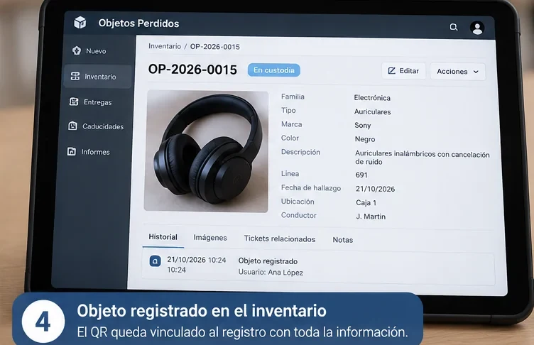 El objeto queda registrado en el inventario con su QR, su foto y su historial